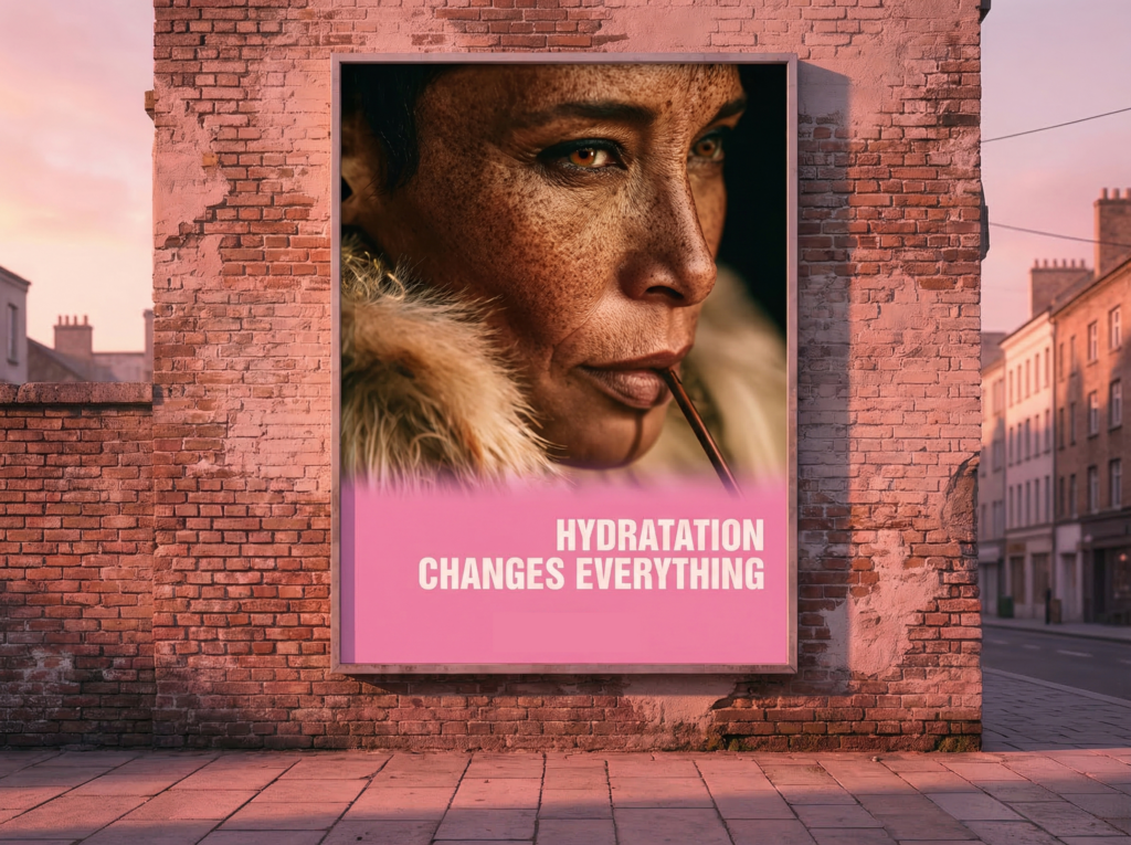 Affiche publicitaire montrant un gros plan du visage d’une femme aux taches de rousseur, buvant à la paille, avec le slogan “Hydration changes everything” sur fond rose.