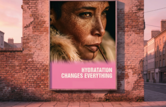 Affiche publicitaire montrant un gros plan du visage d’une femme aux taches de rousseur, buvant à la paille, avec le slogan “Hydration changes everything” sur fond rose.